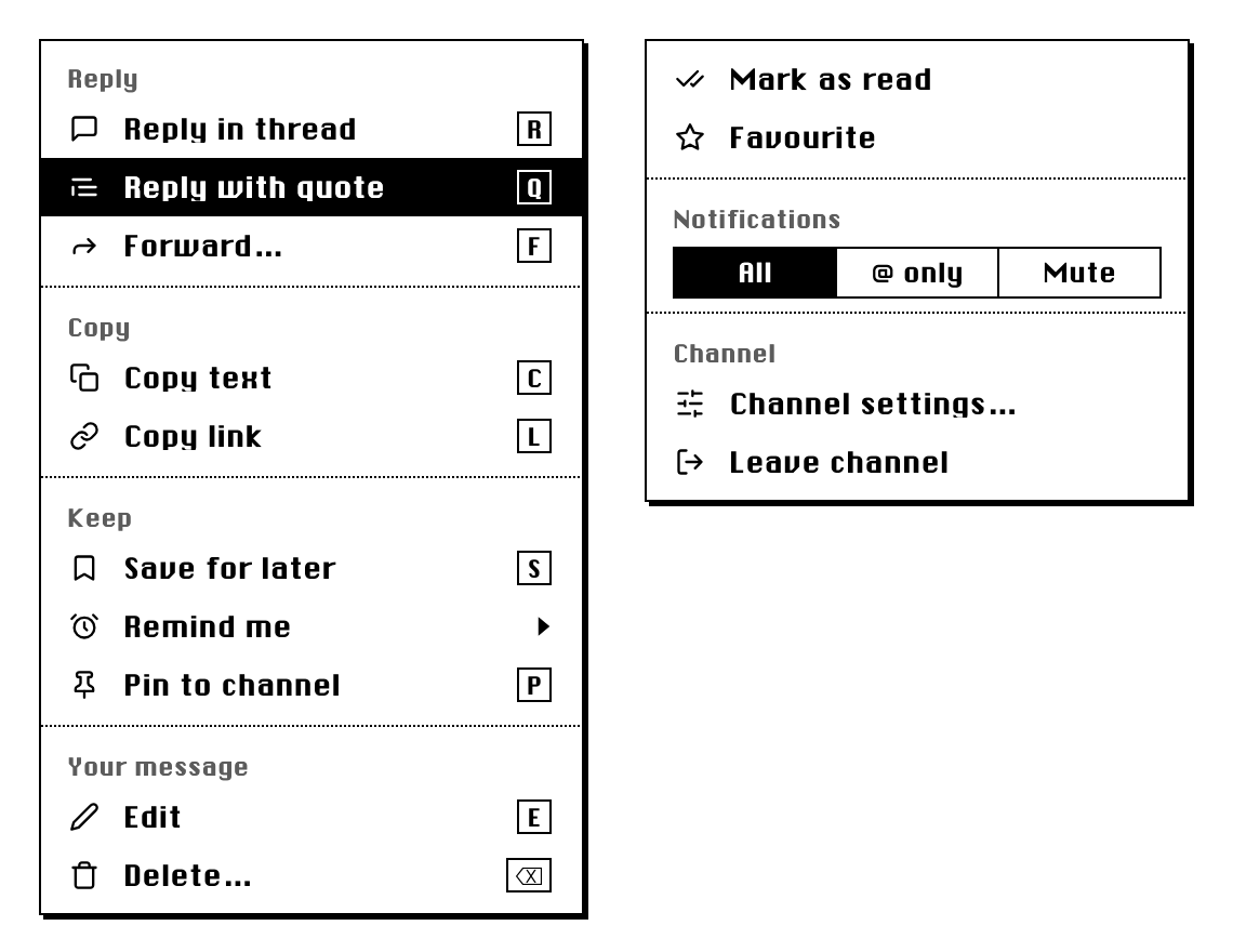 Grouped menus with letter keys and a switch
